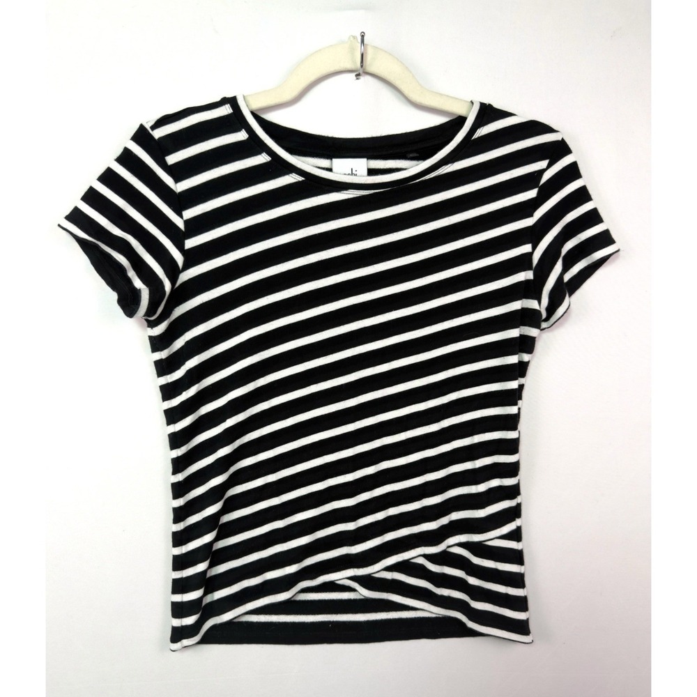 Cabi Womens XS Black White Striped Stretch Knit Short Sleeve‎ Top Rayon